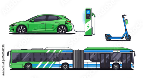 Sustainable Urban Mobility: Electric Car Charging Scooter and Articulated Bus.
