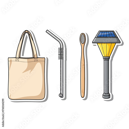 Illustration showcasing eco-friendly items, including a tote bag, metal straw, toothbrush, and solar light.