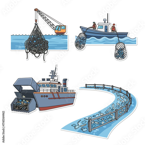 Illustrations depicting various aspects of fishing, including boats, nets, and harvesting.