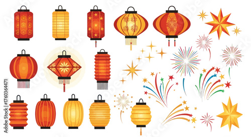 A vibrant collection of traditional Chinese paper lanterns and festive fireworks illustrations.