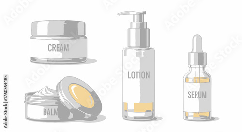 Sketched Cosmetic Products: Cream Jar Lotion Bottle and Serum Dropper.