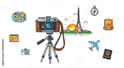 Vintage camera on tripod with travel icons and Eiffel Tower illustration.