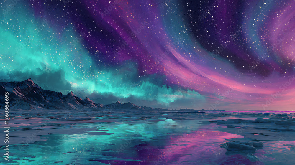 Fototapeta premium Vivid cosmic aurora horizon in teal, magenta, and violet for sci‑fi wallpapers, festival visuals, digital art displays, or immersive background screens on any device