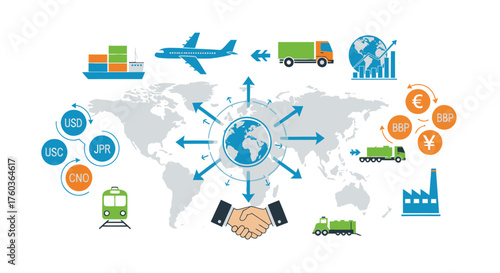 Global Logistics and Supply Chain Network with World Map and Transport Icons.