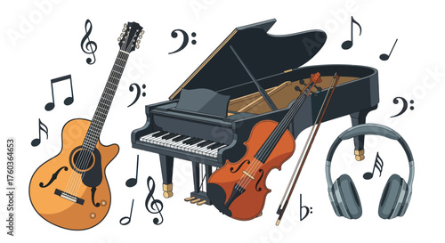 Collection of Musical Instruments with Notes and Symbols.