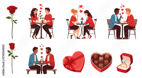 A set of romantic Valentines Day vector illustrations with diverse couples roses chocolates and a proposal ring.