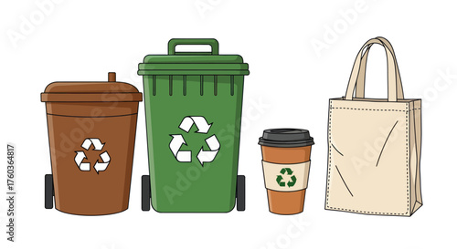 Recycling Containers and Reusable Bag: Brown Bin Green Bin Coffee Cup and Tote Bag.