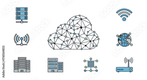 Cloud Computing and Network Technology Icons Set with Data Servers.