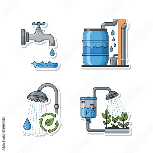 Four illustrations depicting water conservation methods: tap, water tank, shower with recycling symbol, and shower irrigating plants.