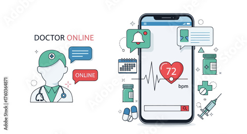 Online Doctor Consultation App Interface with Medical Icons.