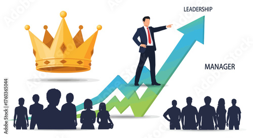 Business Leader Standing on Growth Arrow Pointing Forward Leadership Concept.
