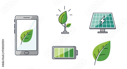 Green Energy Icons: Smartphone Leaf Plant Solar Panel and Battery.