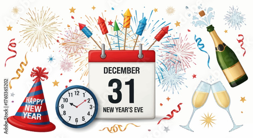 Festive New Years Eve celebration with fireworks champagne and calendar.