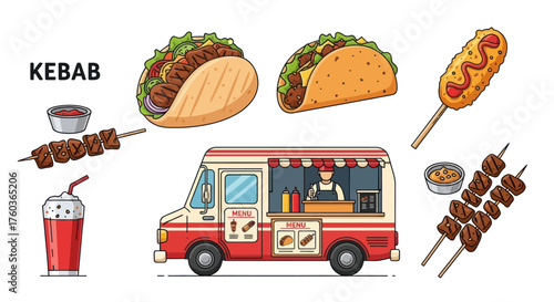 Colorful street food illustration set featuring a kebab food truck tacos and grilled skewers.