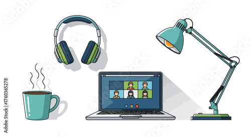 A modern home office setup with a laptop headphones desk lamp and hot beverage.