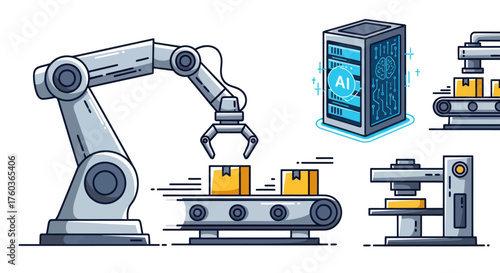 Cartoon Illustration of Industrial Robotic Arm and Conveyor Belt.