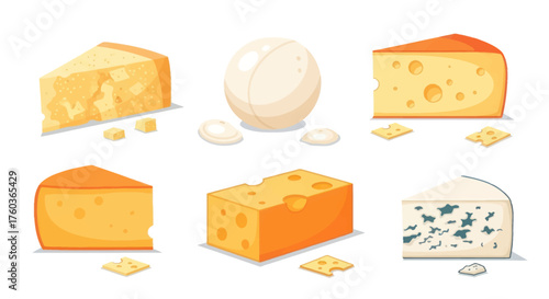 Assortment of Various Cheese Slices and Wheels Isolated.