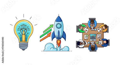 Business Startup Concept Icons: Idea Lightbulb Rocket Launch Team Meeting.