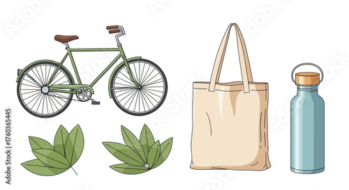 Sustainable Lifestyle Elements: Bicycle Tote Bag Water Bottle and Green Leaves.