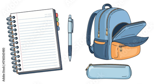 Hand-drawn illustration of essential school supplies including a backpack spiral notebook pen and pencil case.