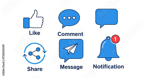Social Media Icons: Like Comment Share Message and Notification.