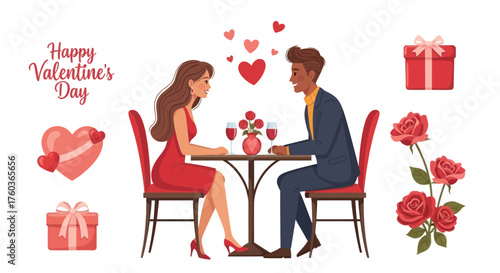 Romantic Couple Enjoying Valentines Day Dinner at Table.