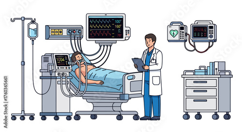 Patient on Ventilator in Intensive Care Unit with Medical Equipment.