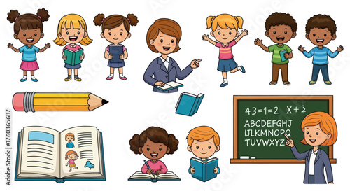 Diverse School Children Teachers and Educational Supplies Cartoon Collection.