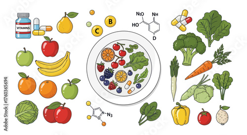 Colorful hand-drawn illustration of healthy foods fruits vegetables and vitamin supplements for a balanced diet.