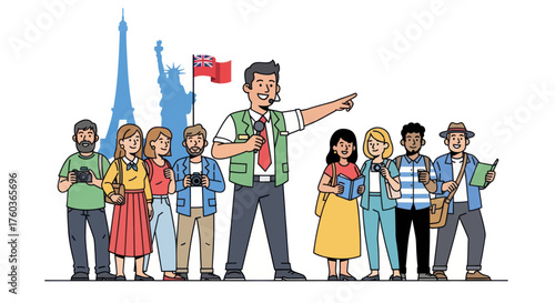 Cartoon Tour Guide Leading Diverse Tourist Group on Sightseeing Trip.