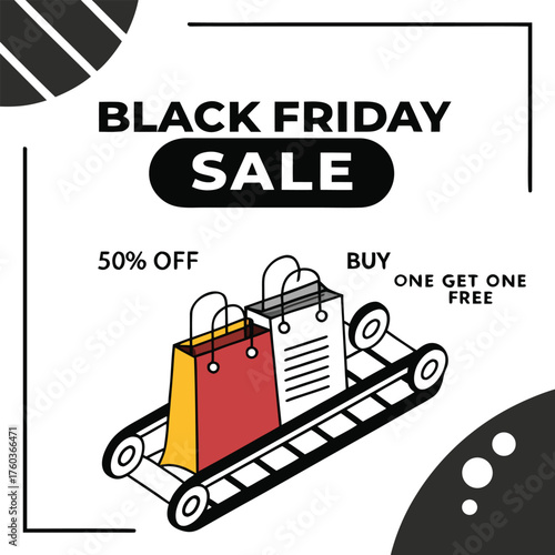 Black friday sale promotion with shopping bags on conveyor belt offering discounts and special promotions event