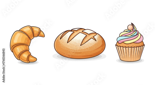 A delicious assortment of baked goods including a croissant round bread and a colorful cupcake.