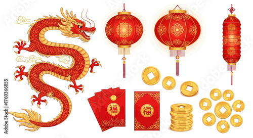 Vibrant Chinese New Year Decorations Featuring a Dragon Lanterns and Lucky Coins.