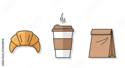 Croissant Coffee Cup and Paper Bag: Breakfast Essentials Illustration.
