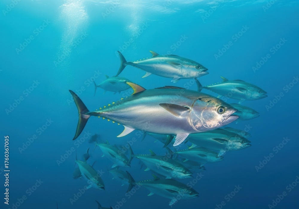 Naklejka premium School of Tuna Swimming Dynamically in the Deep Blue Sea Environment
