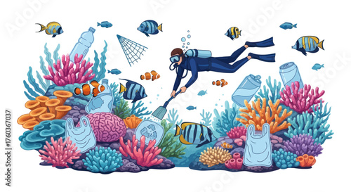 Diver cleaning coral reef from plastic pollution and marine debris.