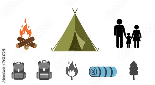 Camping Icons: Bonfire Tent Family Backpacks Sleeping Bag and Tree.