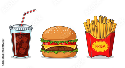 Cartoon Fast Food Meal: Burger Fries and Soda with Straw.