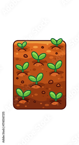 Cartoon Garden Bed with Seedlings in Brown Soil Illustration.