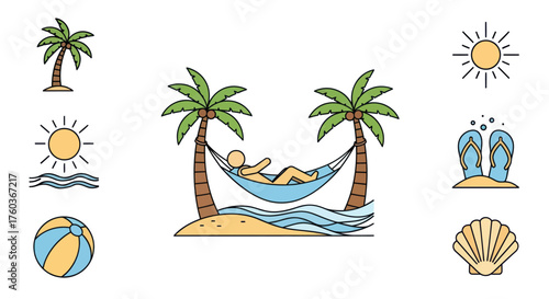 Relaxing Person in Hammock Between Palm Trees on Beach.