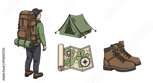Adventurer with Backpack Tent Map and Boots for Outdoor Exploration.