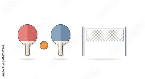 Table Tennis Equipment: Paddles Ball and Net Illustration.
