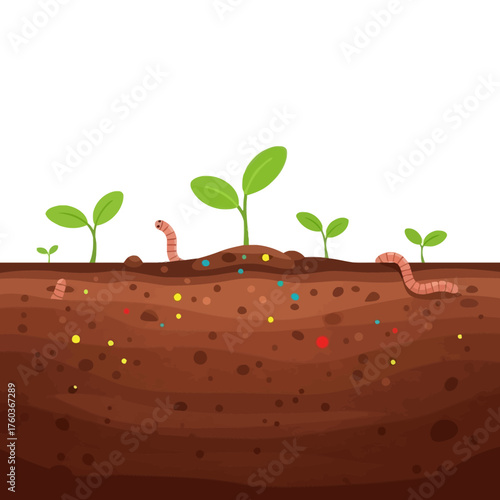 Cartoon Illustration of Earthworms and Plants in Soil Growing Life.