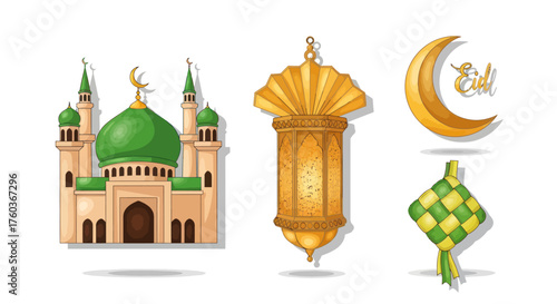 Islamic Cultural Icons: Mosque Lantern Crescent Moon and Ketupat.