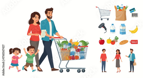 Happy Family Pushing a Full Shopping Cart with Groceries.