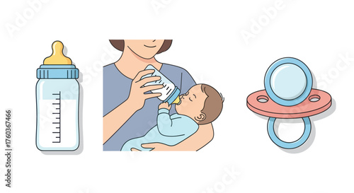 Baby Feeding Bottle Mother and Infant Pacifier Illustration Set.