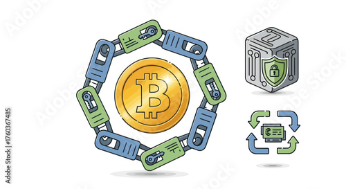 Digital Bitcoin Cryptocurrency Blockchain Security and Transaction Icons.