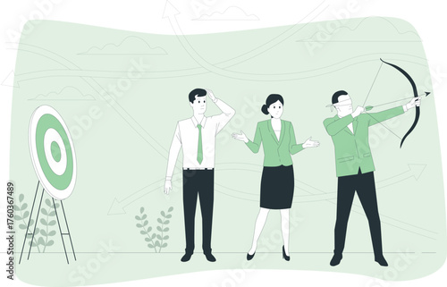 Blindfolded Businessman Aiming Bow and Arrow at Target with Confused Colleagues Keywords: business strategy, target, goal, archery, blindfolded, businessman, businesswoman, confusion, uncertainty