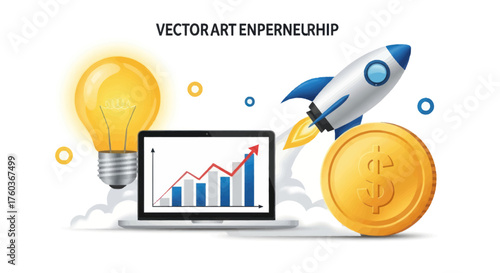 Entrepreneurship concept with lightbulb rocket laptop and coin.
