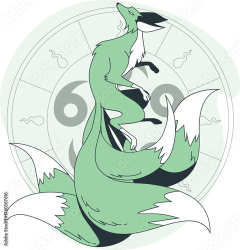 Green Nine- Tailed Fox Spirit Leaping in Front of Zodiac Wheel with Symbols Keywords: nine tailed fox, kitsune, fox spirit, mythology, folklore, supernatural, magic, legend, animal, creature
